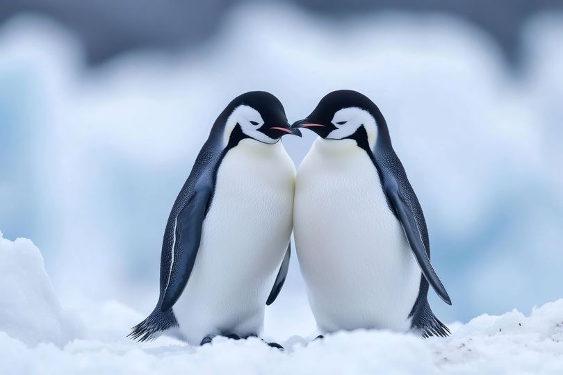 Two penguins standing close together on snowy ice, touching beaks.