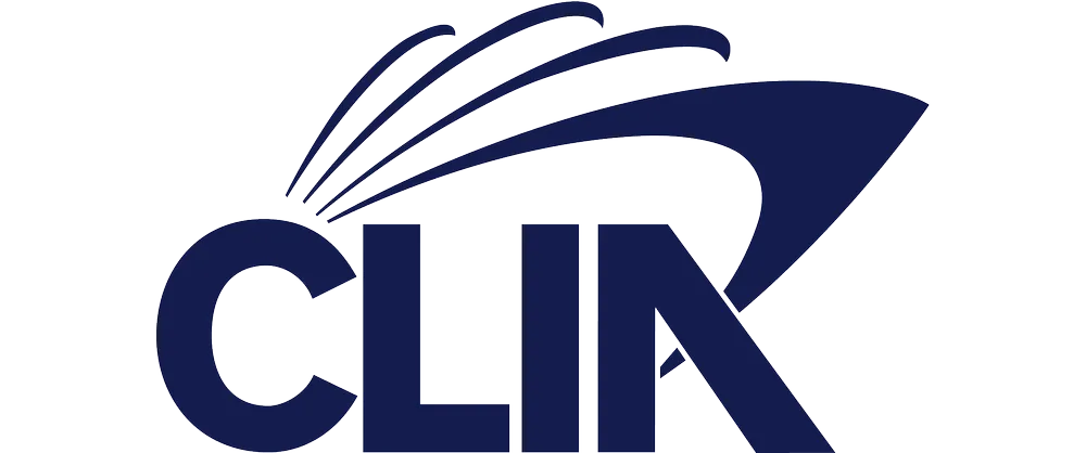 CLIX logo in dark blue, with a stylized swoosh above the wordmark