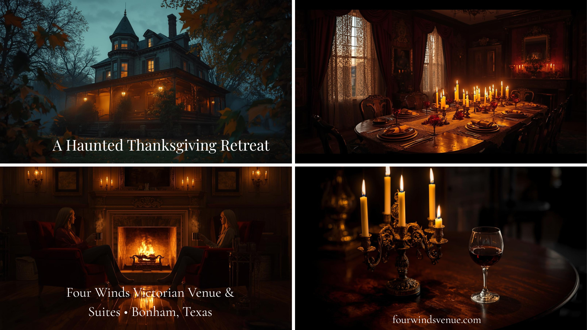 Four scenes: Haunted house, dining room, fireplace with people, candlelit table with wine.