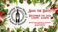 Holiday Wine Stroll event save-the-date announcement. December 7, 2024, 4:00 PM - 8:00 PM in Bonham, TX. Festive greenery borders the text.