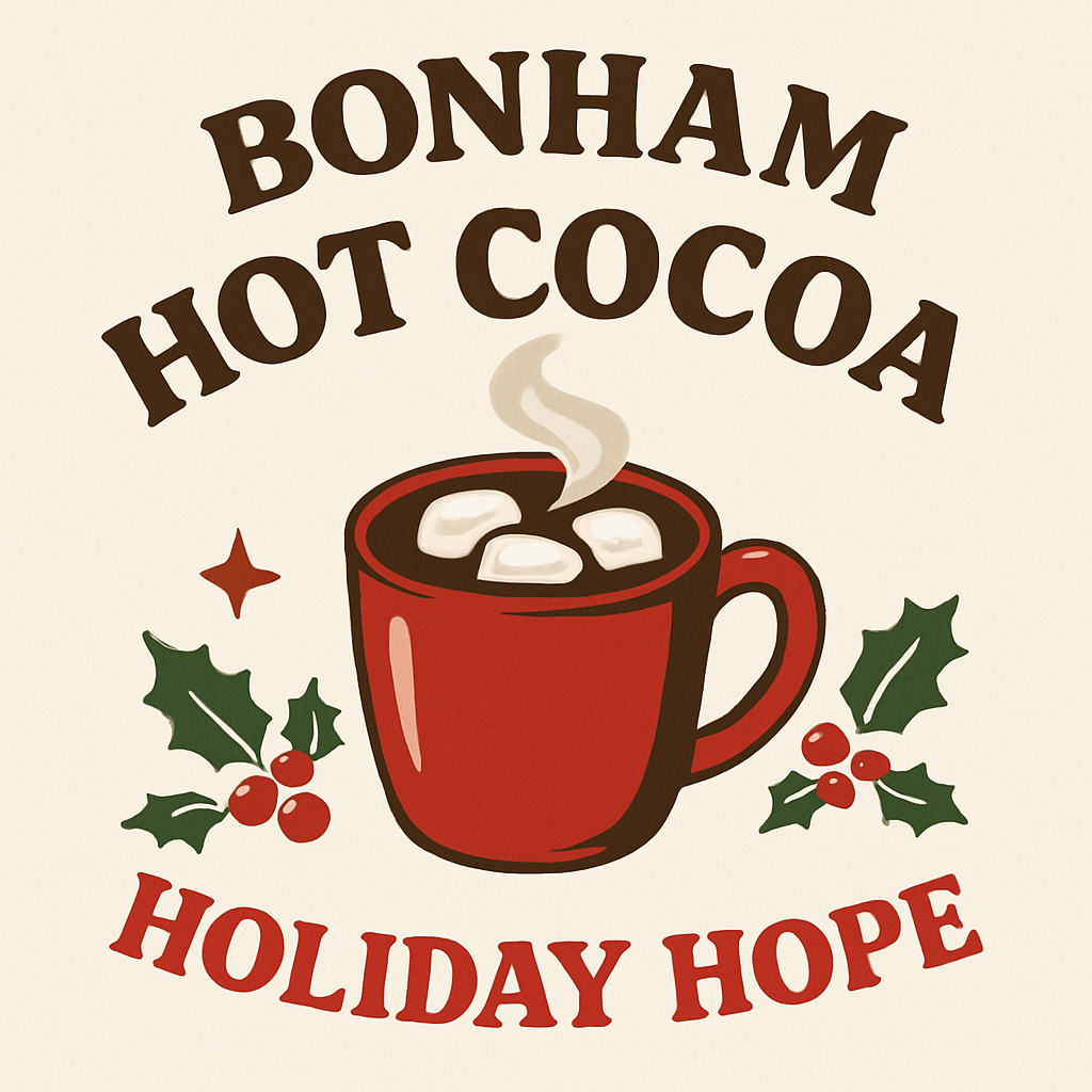 Bonham Hot Cocoa Holiday Hope design featuring red mug, holly, and marshmallows