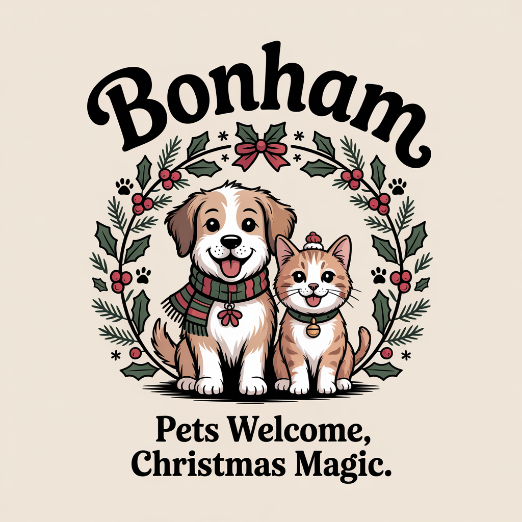 Bonham Pets Welcome Christmas Magic design with dog and cat holiday illustration