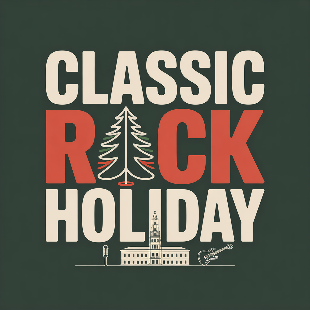 Classic Rock Holiday design featuring a Christmas tree, guitar, and Bonham courthouse