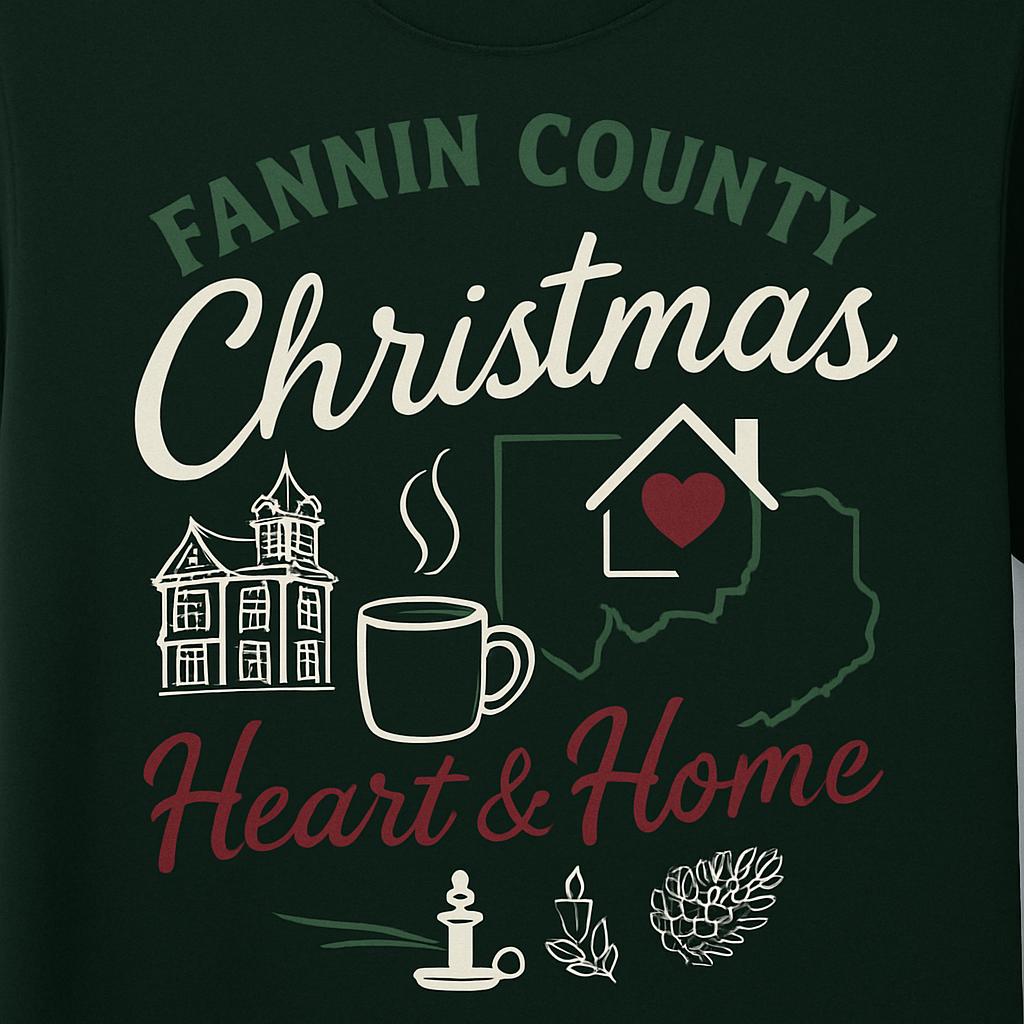 Fannin County Christmas Heart & Home design with courthouse, mug, and home graphics