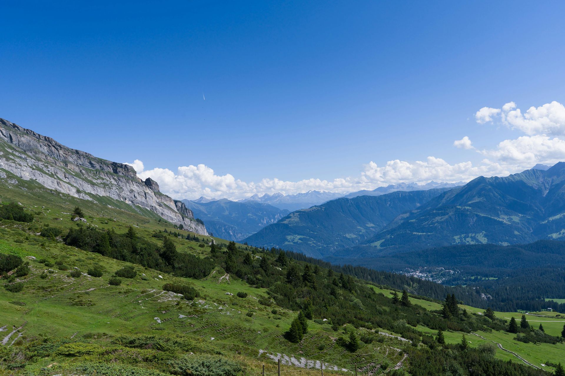 A view of a valley with mountains in the background