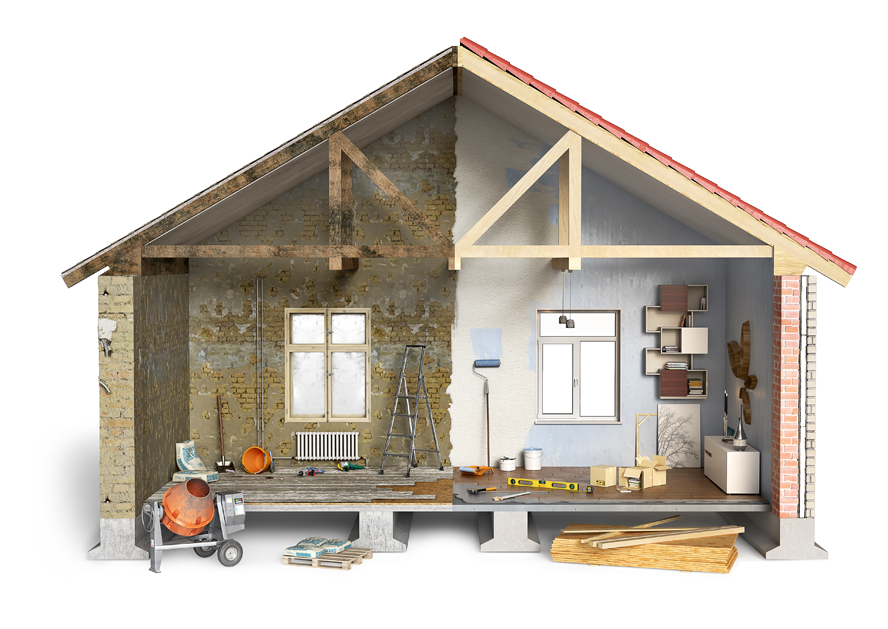 Illustration 3D maison en travaux coupée en deux