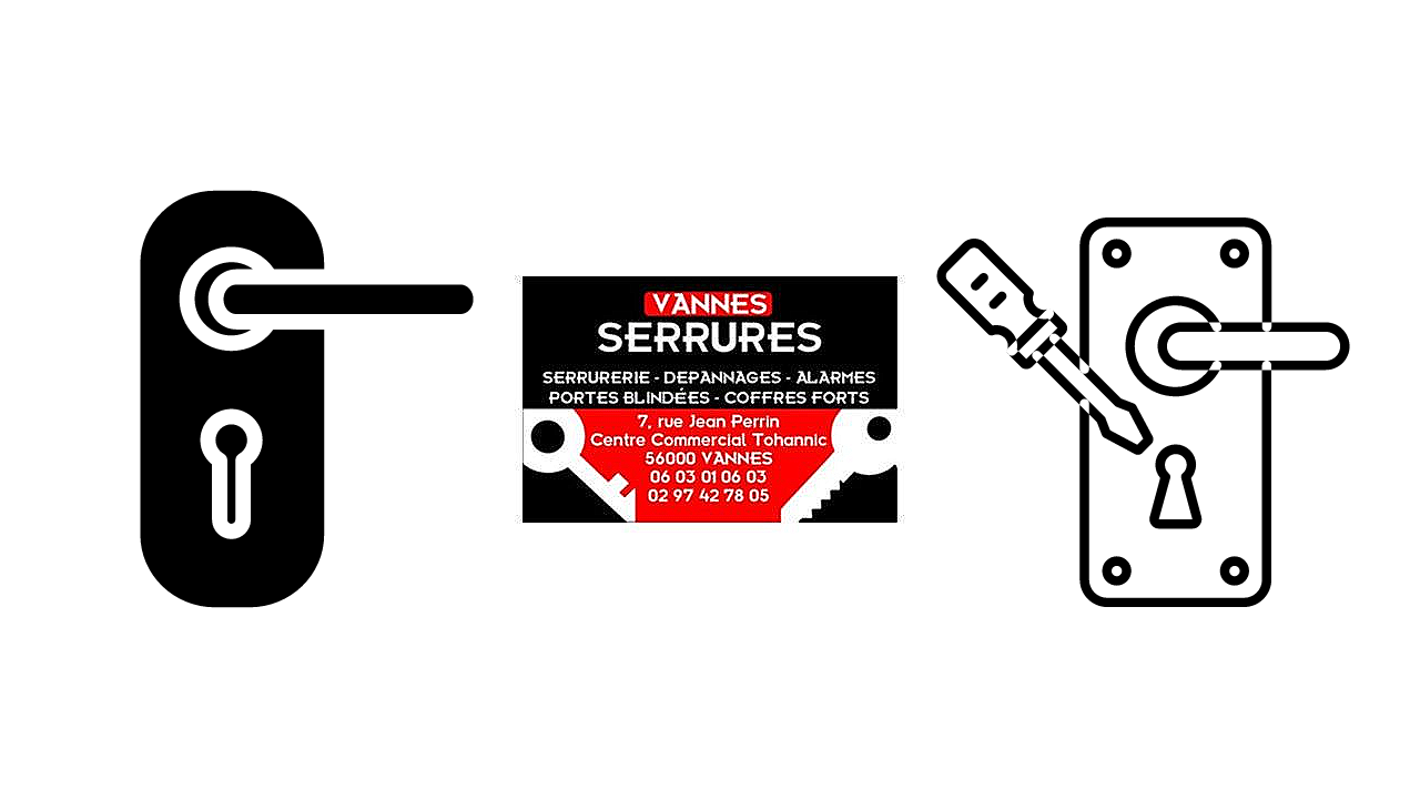 Carte de visite de Vannes Serrurerie, serrurier à Vannes, France. Elle comporte leur adresse et leurs numéros de téléphone.
