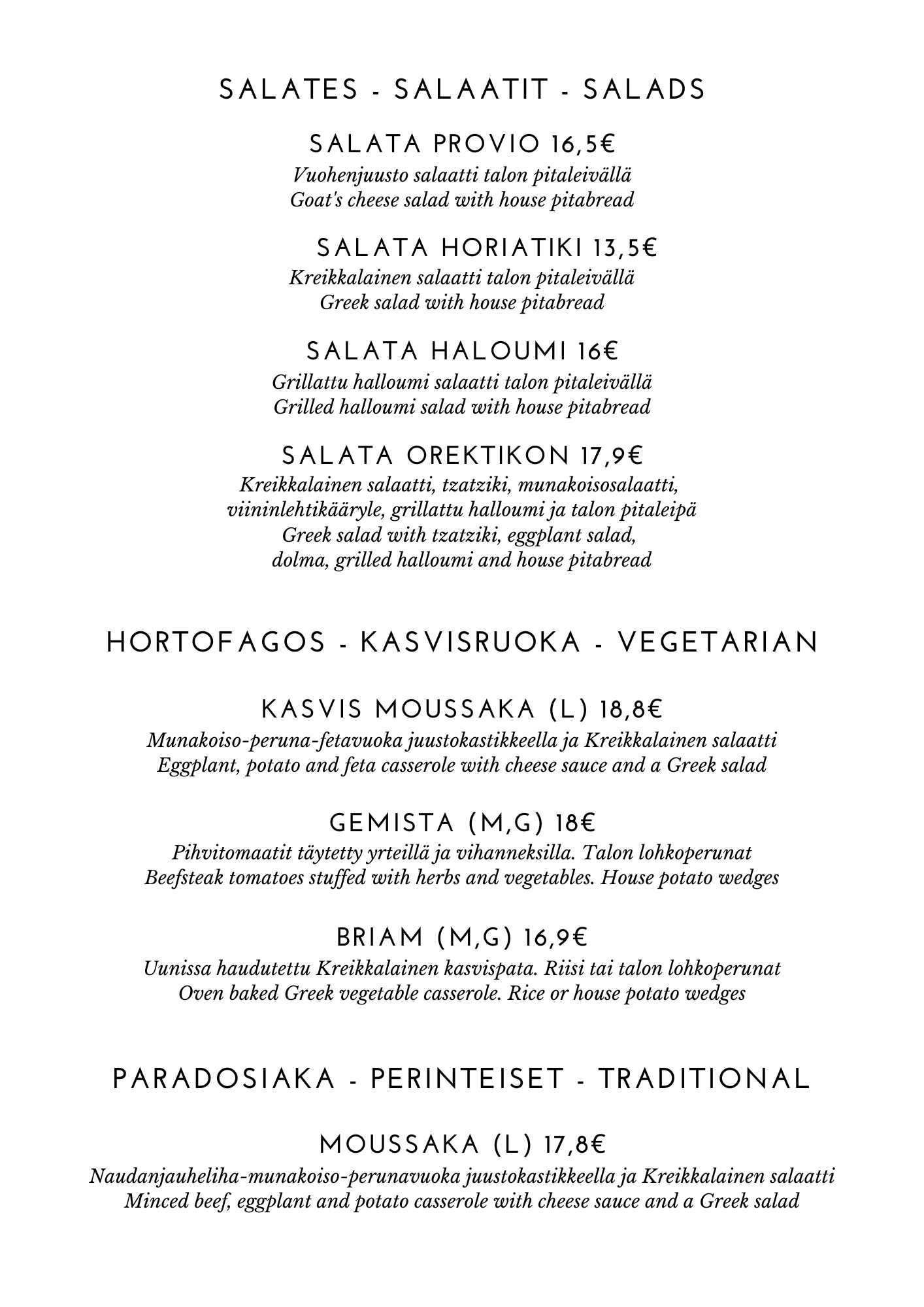Ravintola Thalassa A la Carte menu