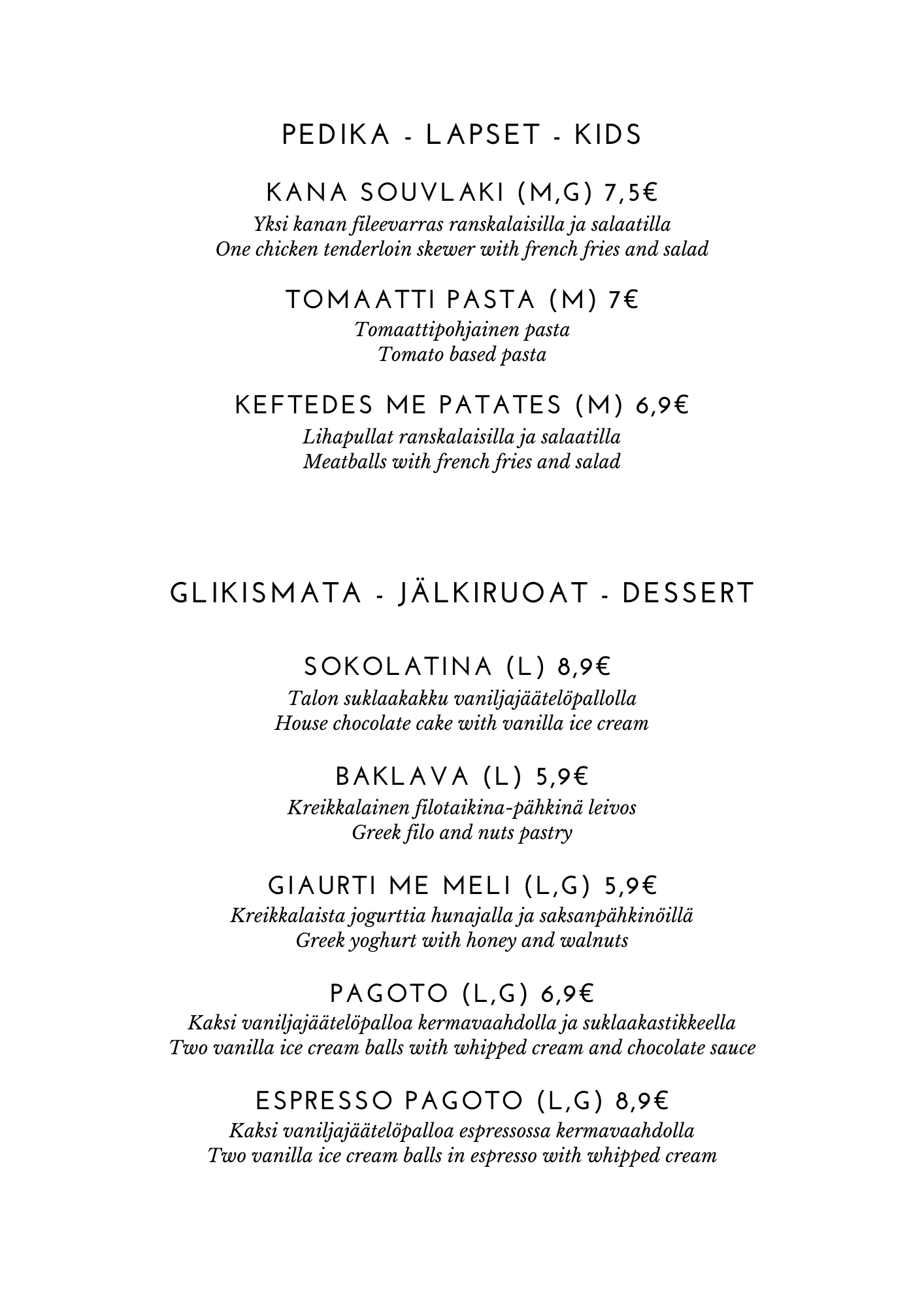 Ravintola Thalassa A la Carte menu