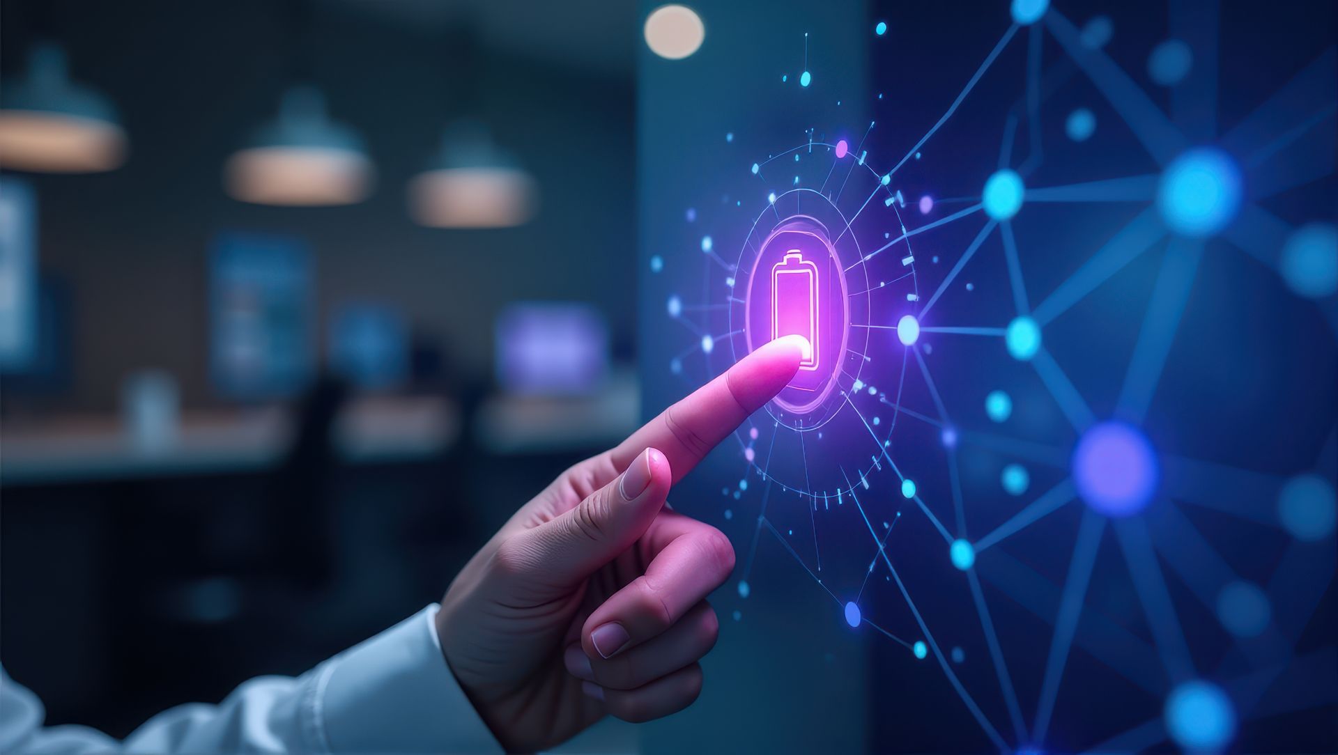 Doigt pressant un bouton holographique représentant une batterie