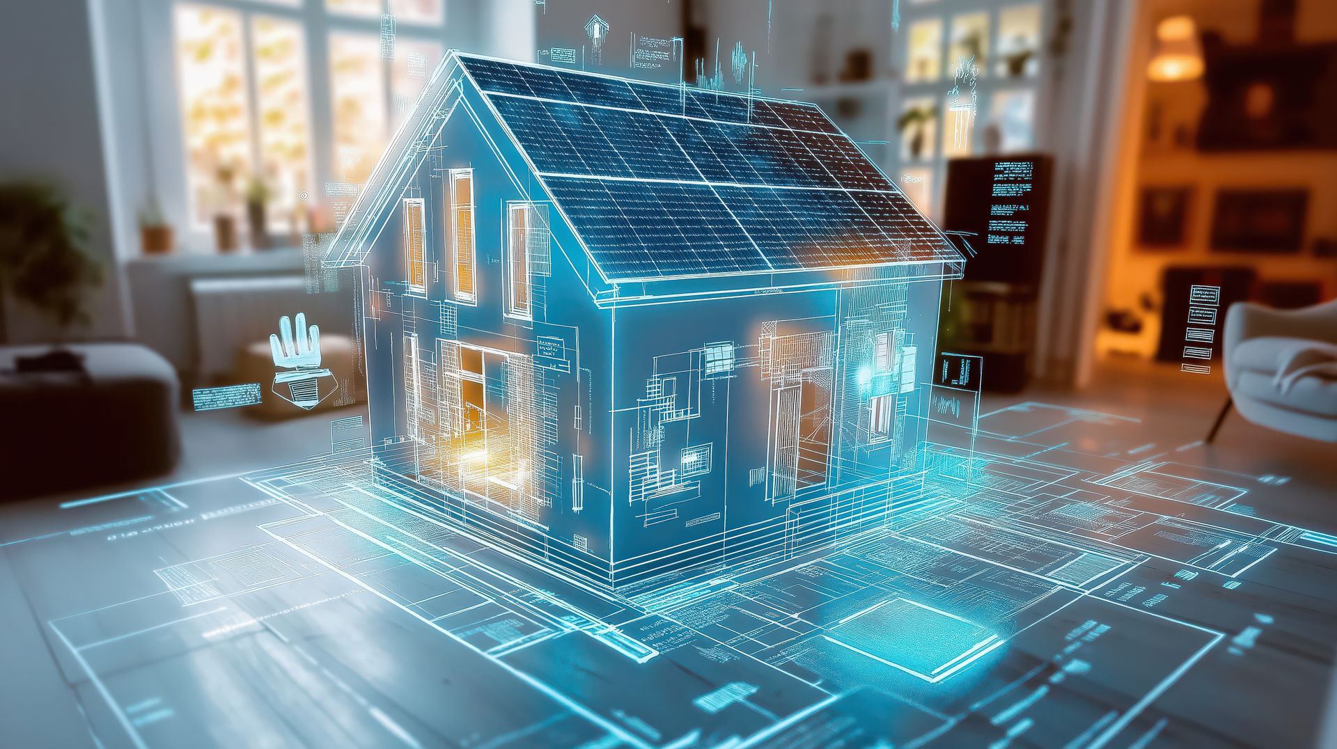 Illustration d'un maison avec des connections lumineuses reliées à elle