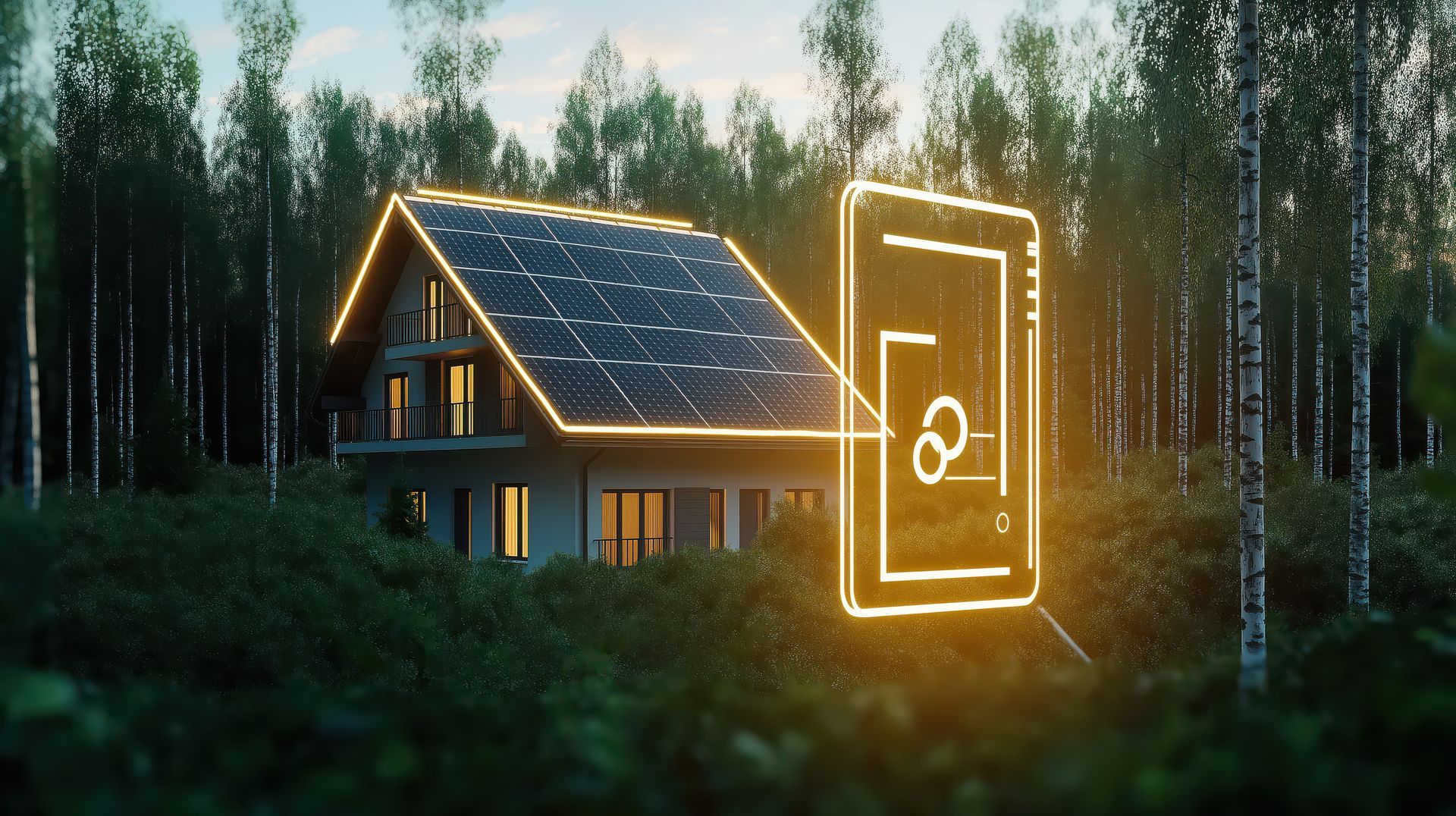 Maison dans un bois avec de la lumière représentant l'énergie de ses panneaux solaires