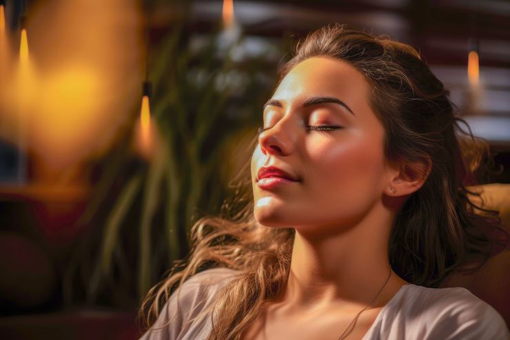 Femme aux yeux clos, baignée de soleil. Une lumière dorée illumine son visage.