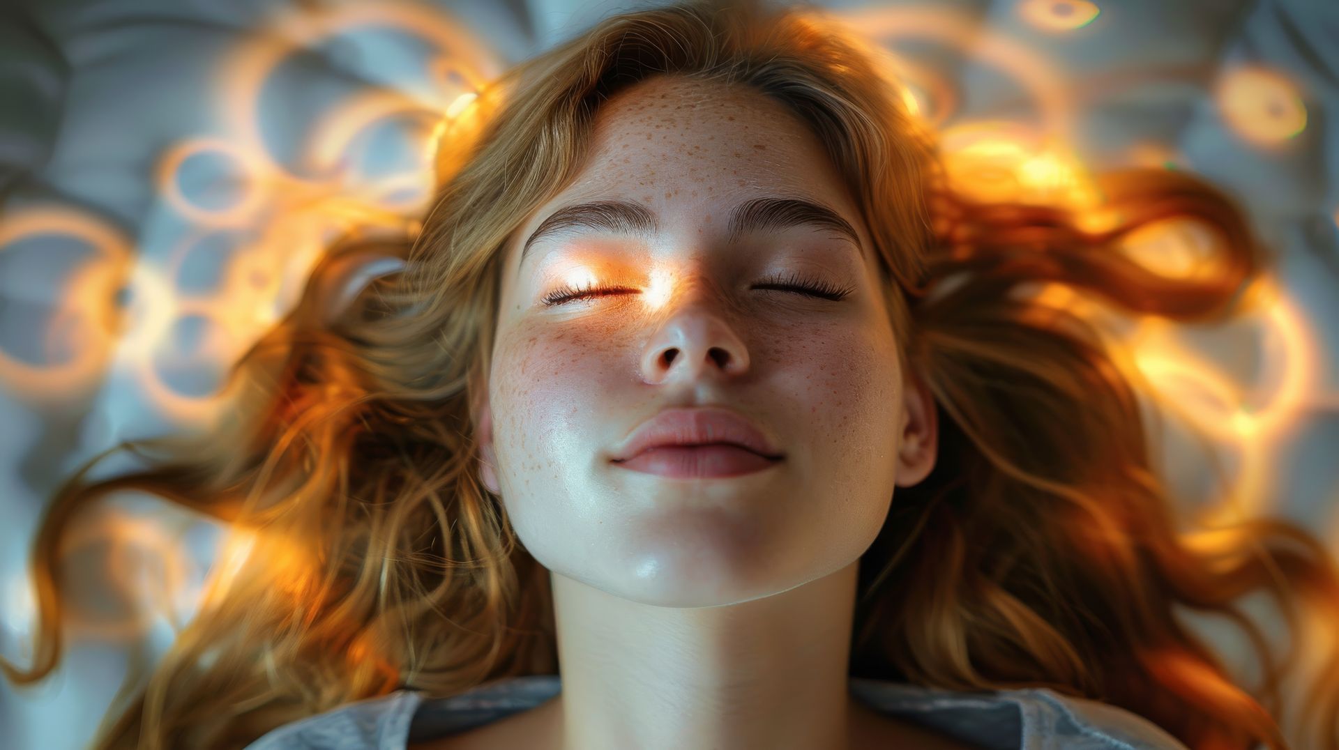 Une femme aux yeux clos, baignée de lumière. Des cercles orange lumineux entourent sa tête, qui repose sur un lit.