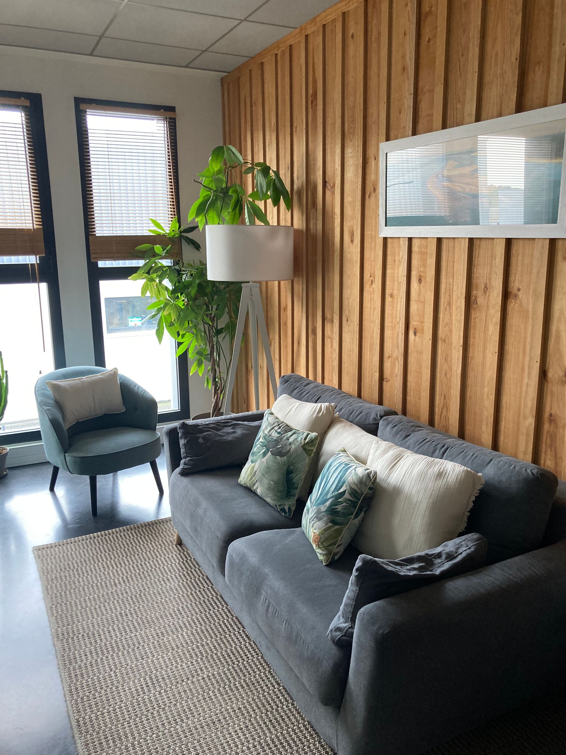 Salon cosy avec canapé gris, fauteuil, tapis, mur en bois, grande plante et œuvres d'art.