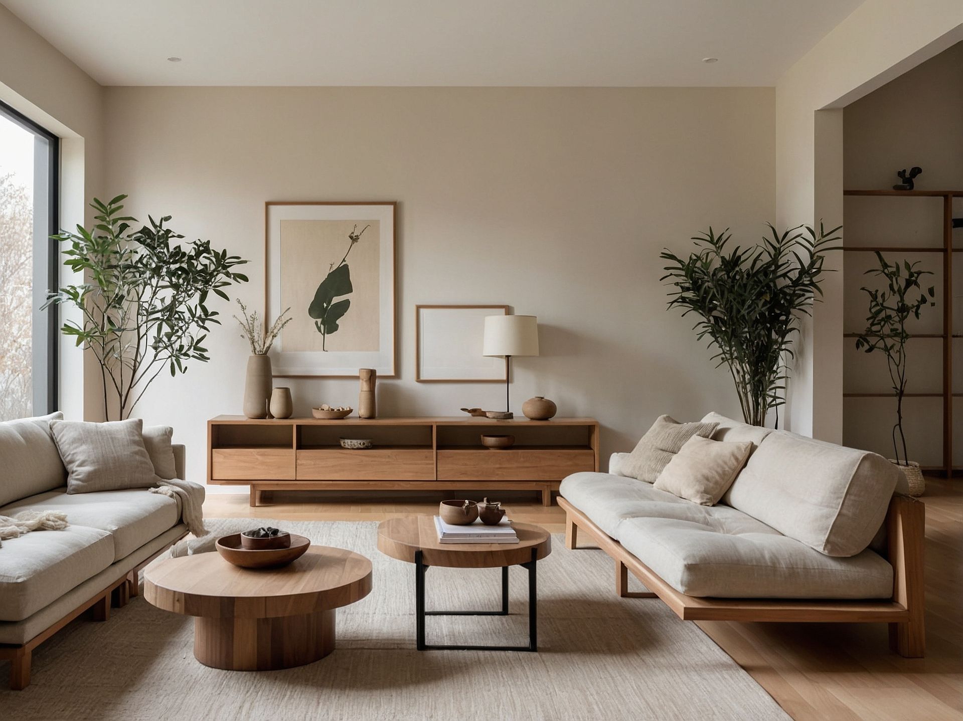 Un salon moderne avec des canapés aux tons neutres, des tables basses en bois et un meuble TV décoré de plantes d'intérieur.