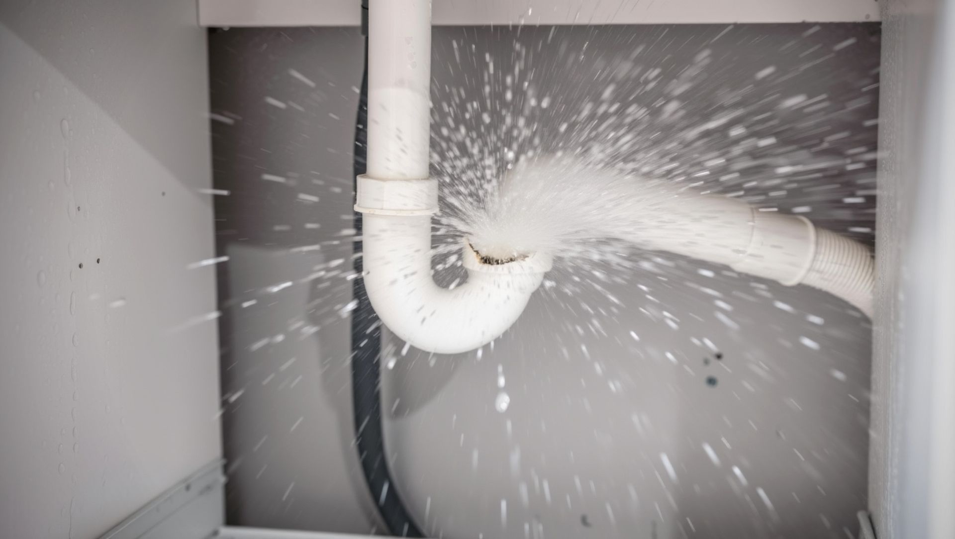 Un siphon de plomberie en plastique blanc situé sous un évier fuit et projette de l'eau dans toutes les directions.