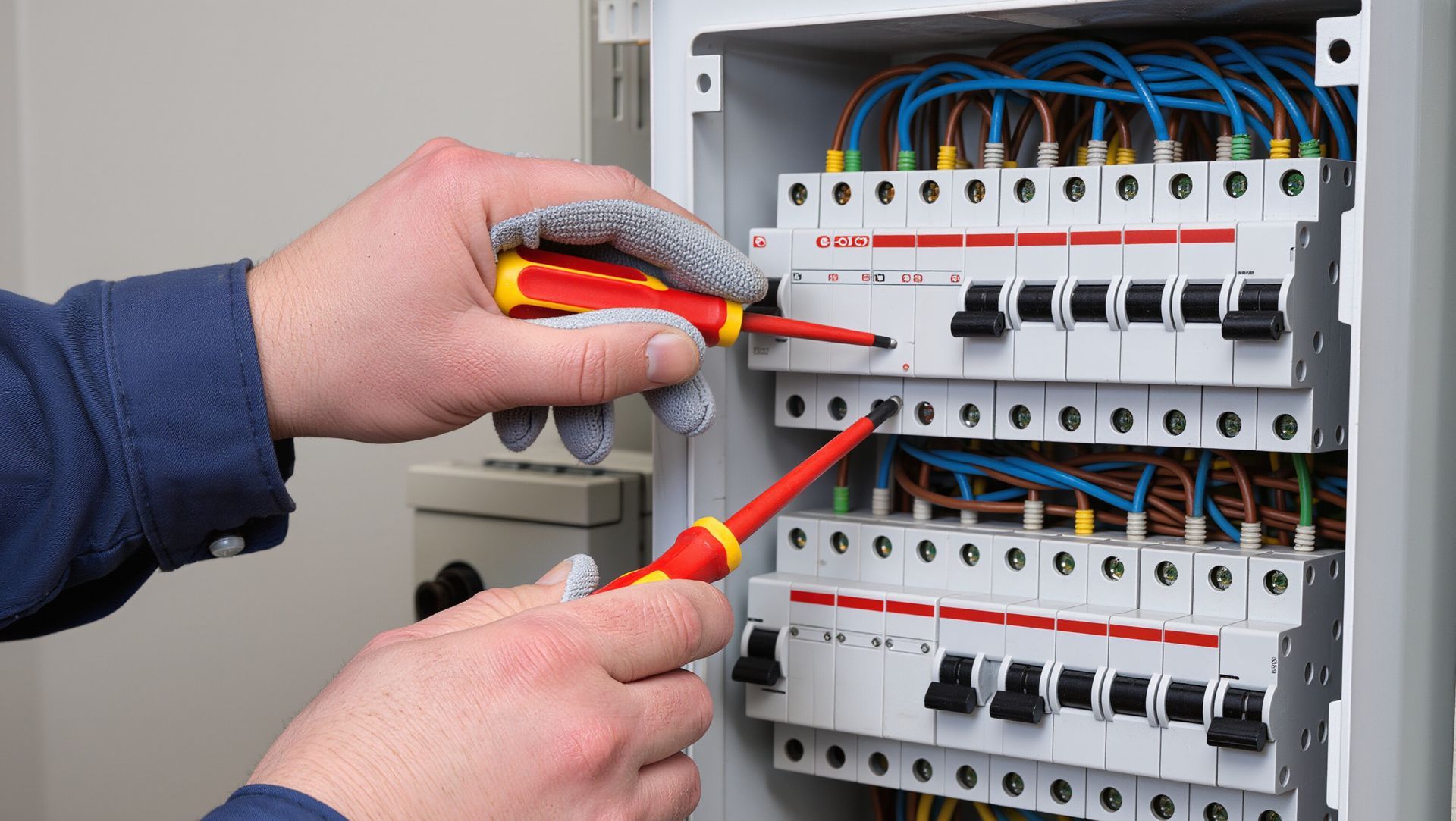 Une personne portant des gants utilise deux tournevis pour travailler sur les disjoncteurs électriques sur un tableau de distribution.