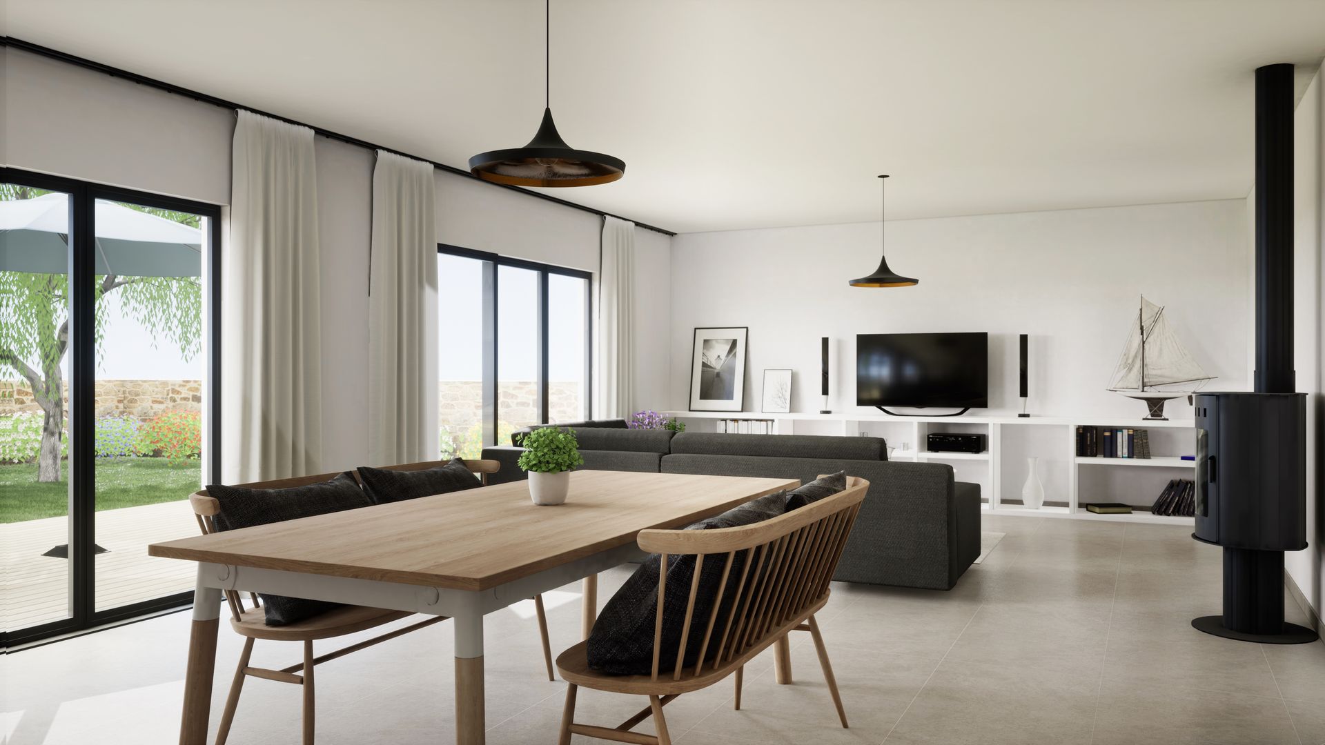Un salon-salle à manger moderne avec une table à manger en bois, un canapé d'angle gris et un poêle à bois noir.