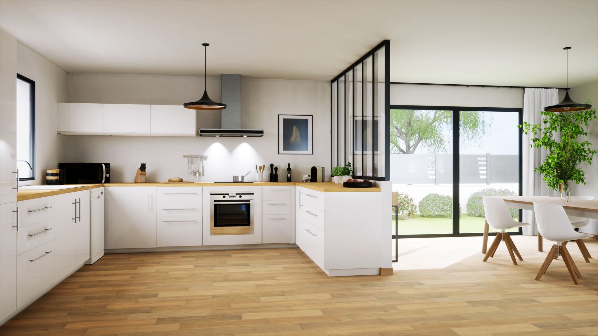 Une cuisine moderne avec des placards blancs, un parquet clair et un coin repas visible à travers une paroi vitrée à cadre noir.