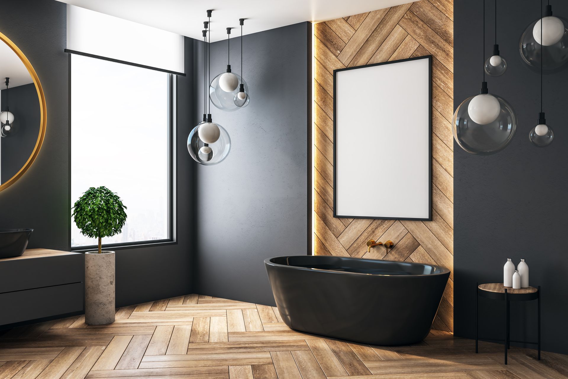 Une salle de bains moderne avec une baignoire îlot noire, des murs gris foncé, un parquet en chevrons et un éclairage minimaliste.