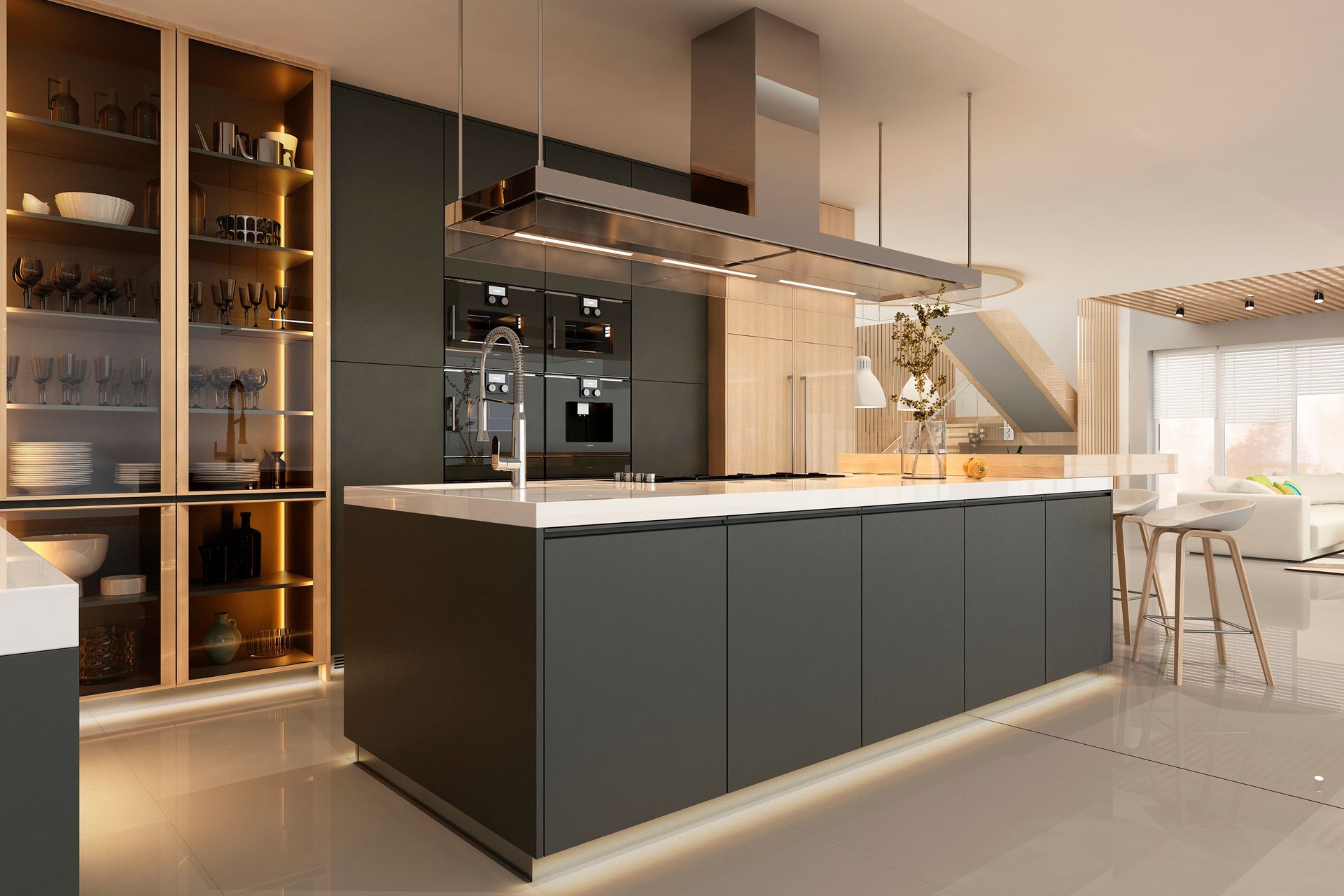 Une cuisine moderne avec un îlot central gris anthracite, un plan de travail blanc, des placards en bois et un éclairage zénithal.