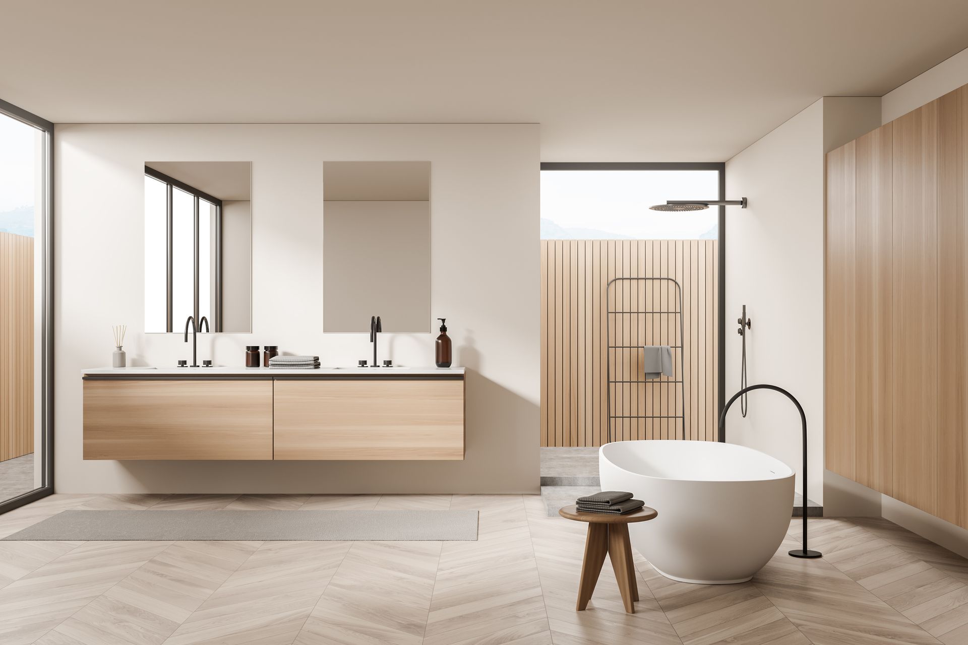 Une salle de bains moderne et minimaliste avec des meubles en bois clair, une double vasque, une baignoire îlot blanche et un sol en chevrons.