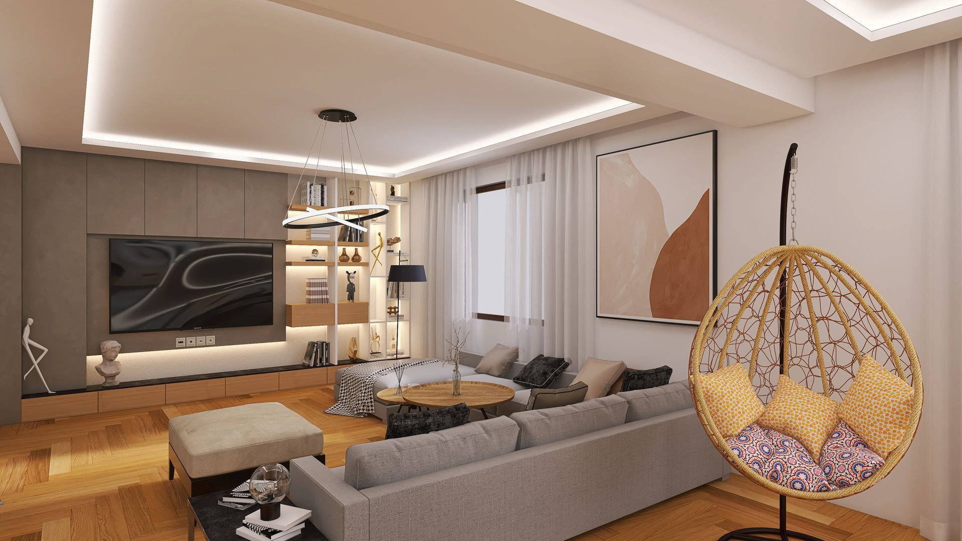 Un salon moderne avec un grand canapé, un meuble TV, des étagères et un fauteuil suspendu en rotin sur un parquet.