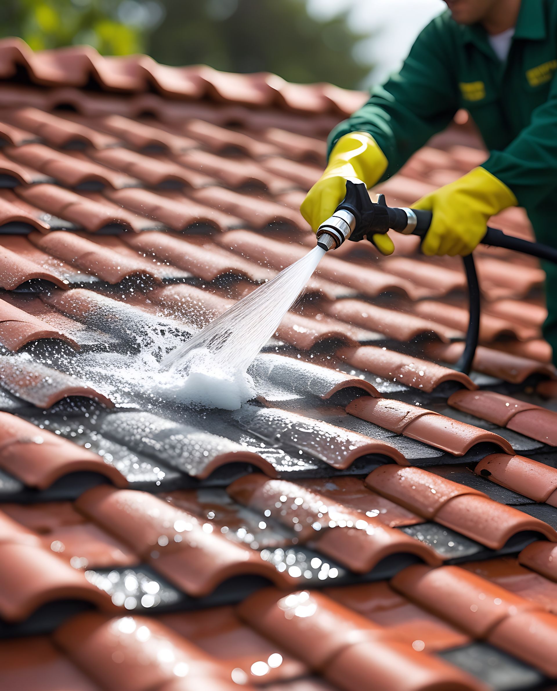 Personne portant des gants nettoyant au nettoyeur haute pression un toit de tuiles rouges.