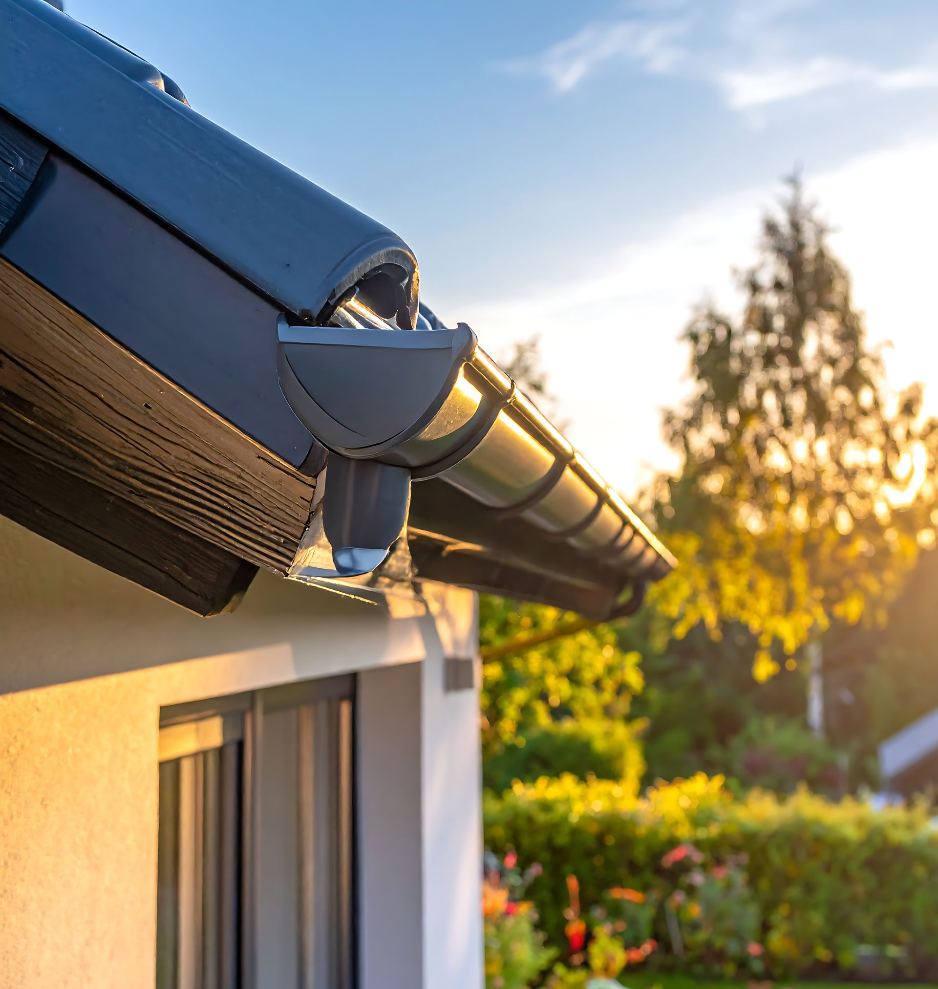 Gouttière noire sur une maison blanche, avec des arbres verts et du soleil en arrière-plan.