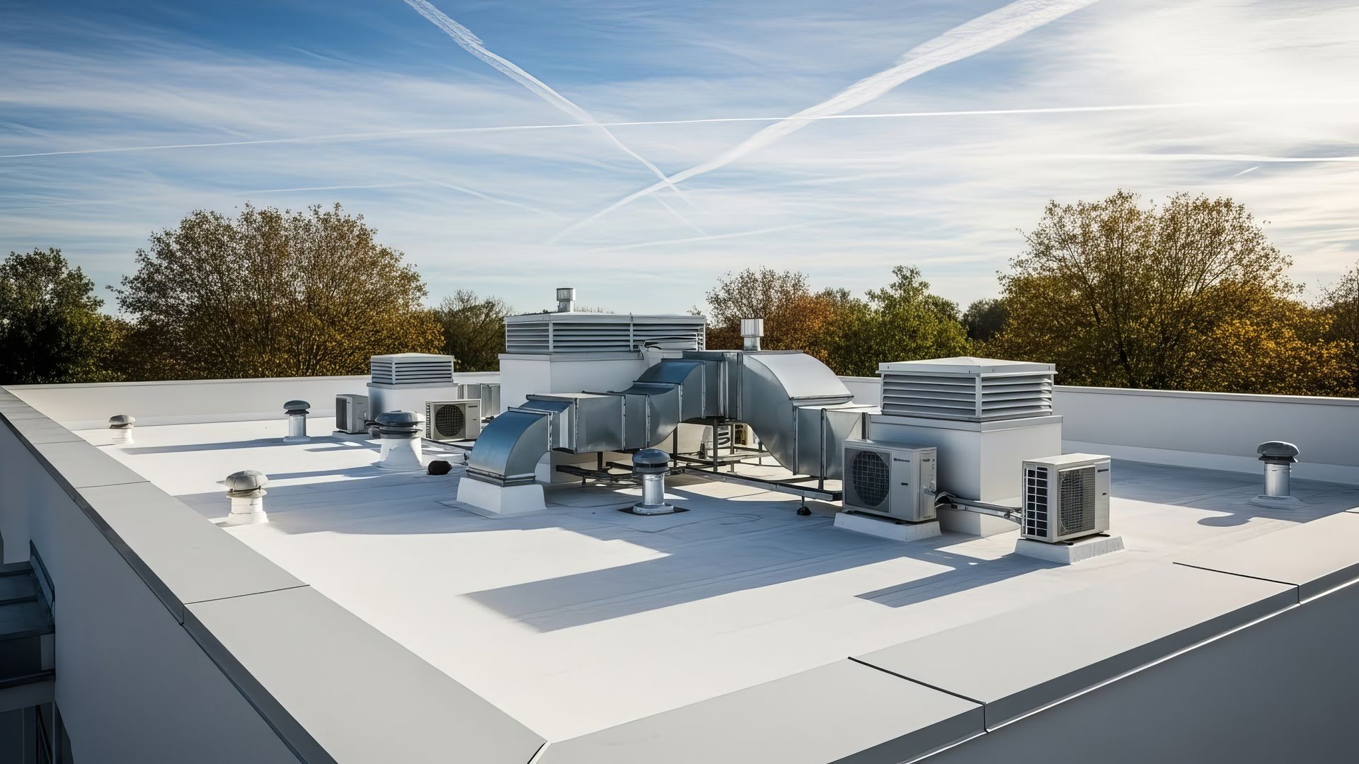 Toit commercial blanc avec unités de climatisation sous un ciel dégagé, arbres en arrière-plan.