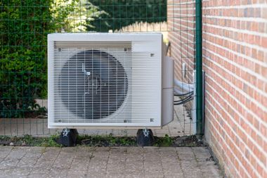Unité de climatisation extérieure à côté d'un mur de briques et d'une clôture sur une terrasse pavée.
