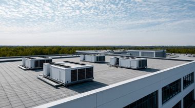 Unités de climatisation sur le toit d'un bâtiment commercial plat sous un ciel partiellement nuageux.