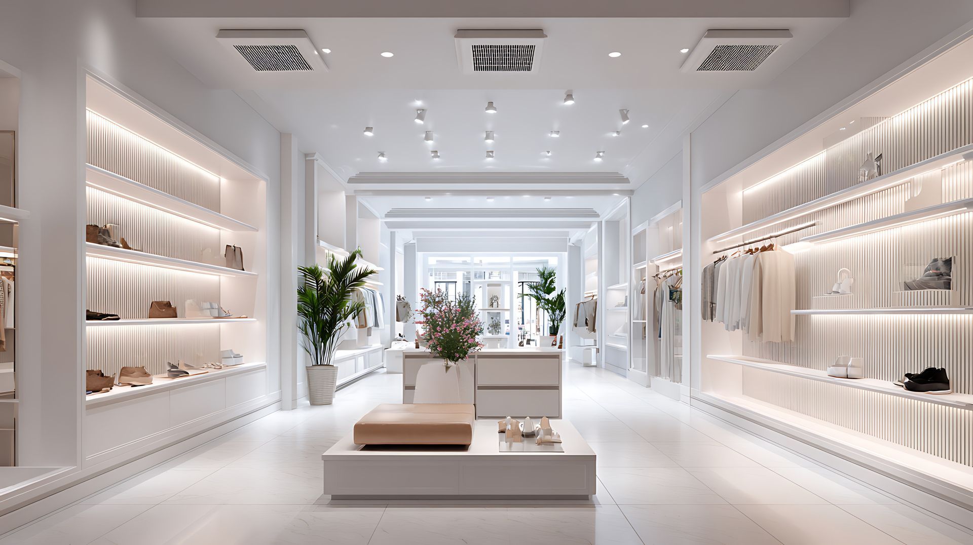 Intérieur d'une boutique de luxe d'un blanc éclatant, avec des étagères murales, des tables d'exposition et quelques sacs à main et accessoires.