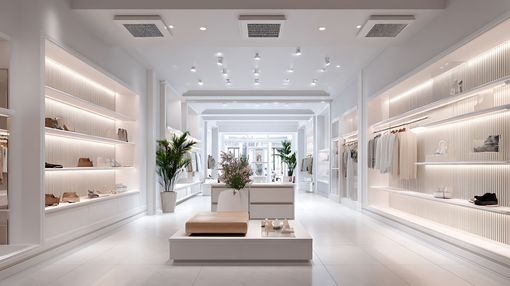 Magasin minimaliste blanc avec des étagères de produits et des tables d'exposition centrales sous un éclairage vif.