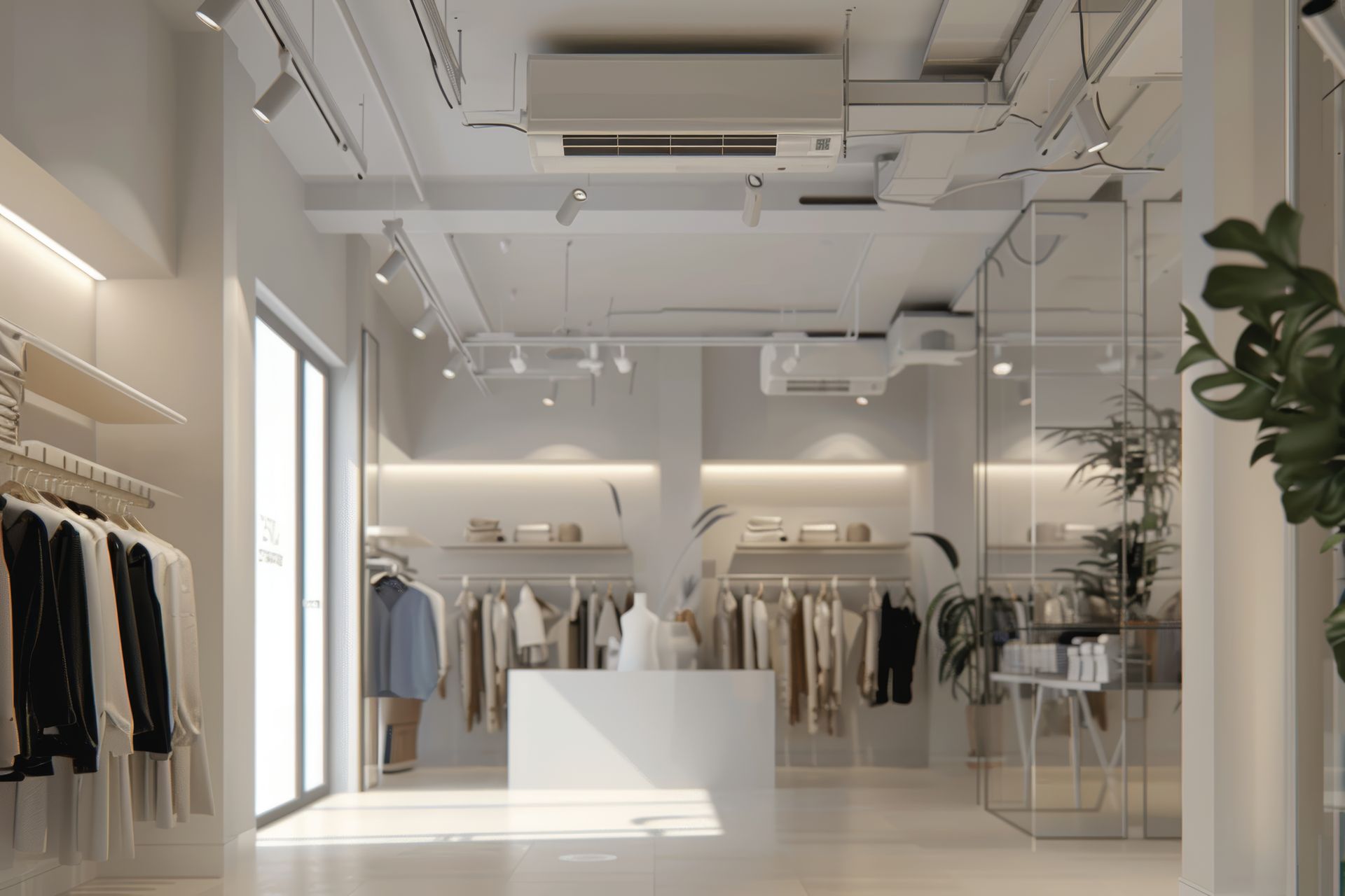 Boutique de vêtements minimalistes blancs avec des portants de vêtements aux tons neutres et une lumière naturelle éclatante.