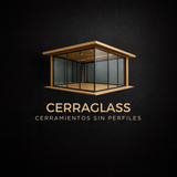 Logotipo de Cerraglass con una moderna carcasa de vidrio y el texto “CERRAMIENTOS SIN PERFILES” sobre un fondo oscuro.