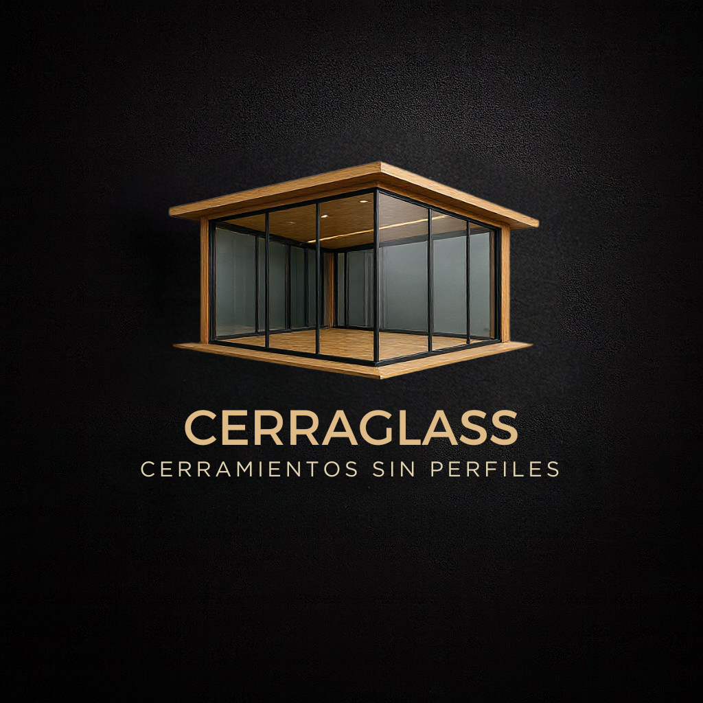 Logotipo de Cerraglass con una moderna carcasa de vidrio y el texto “CERRAMIENTOS SIN PERFILES” sobre un fondo oscuro.