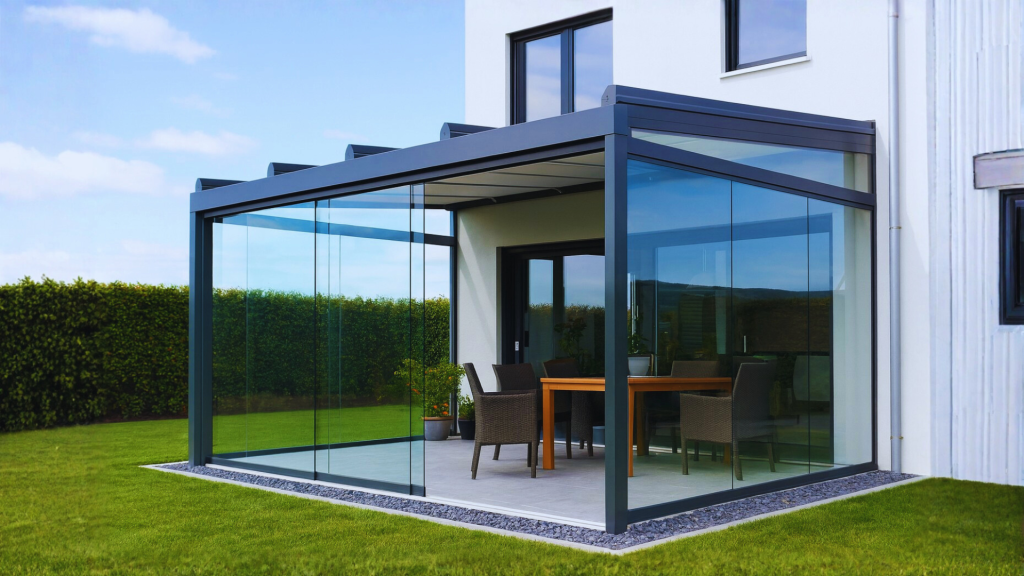 Terraza acristalada moderna adosada a una casa blanca, con muebles de exterior y un césped verde.