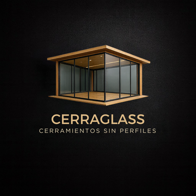 Logotipo de Cerraglass con una moderna carcasa de vidrio y el texto “CERRAMIENTOS SIN PERFILES” sobre un fondo oscuro.