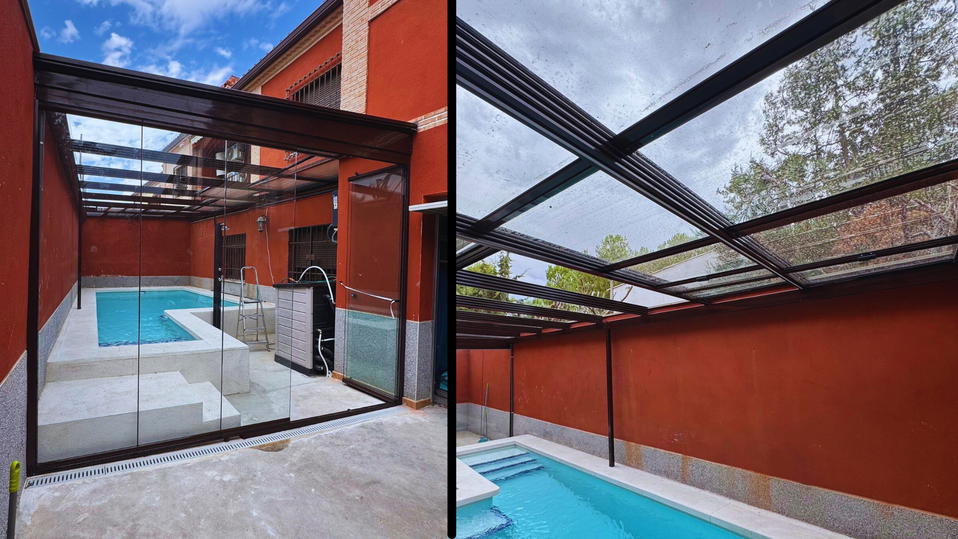 Piscina cubierta con paredes rojas y techo de malla negra bajo un cielo azul.