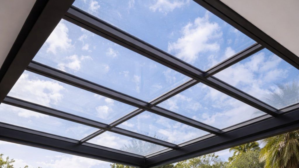 Pérgola de cristal con marco negro contra un cielo azul con nubes.