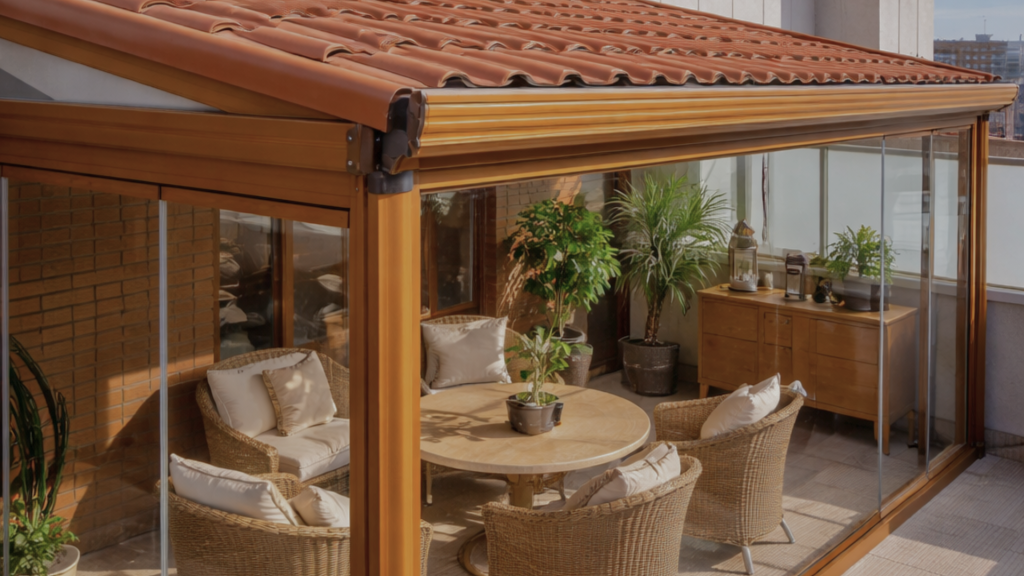 Patio cubierto con asientos de mimbre, mesa redonda y plantas en macetas junto a una pared de cristal.