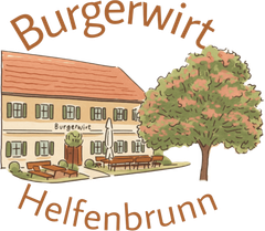 „Illustration des Burgerwirts Helfenbrunn mit Außensitzplätzen unter einem Baum.“