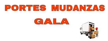 Un logotipo para Portes Mudanzas Gala con un camión lleno de cajas.