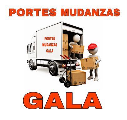 Un logotipo para Portes Mudanzas Gala con un hombre empujando cajas desde un camión.
