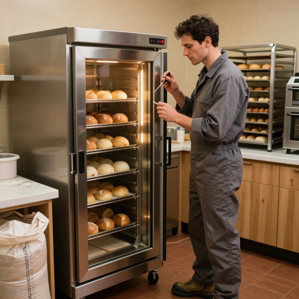 Un boulanger charge des plateaux de pain dans une armoire de fermentation à porte vitrée dans une cuisine commerciale