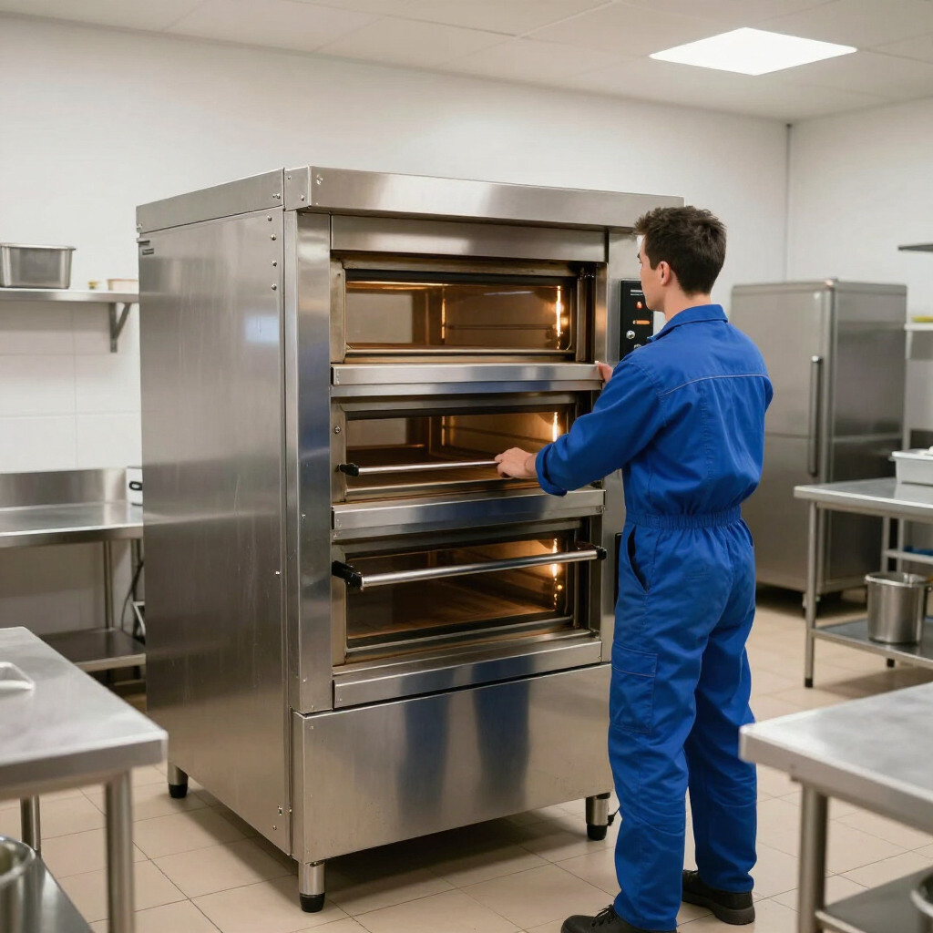 Un technicien charge des plateaux dans un grand four en acier inoxydable d'une cuisine commerciale