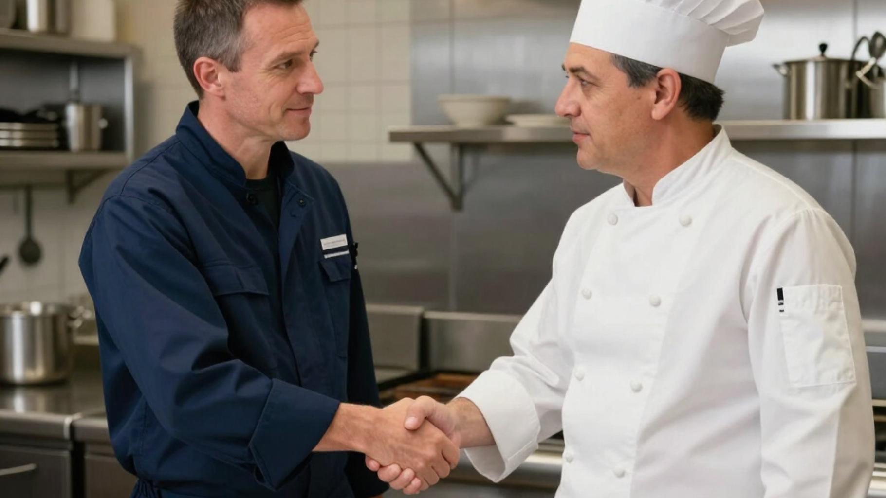 Un chef en blouse blanche serre la main d'un technicien dans une cuisine.