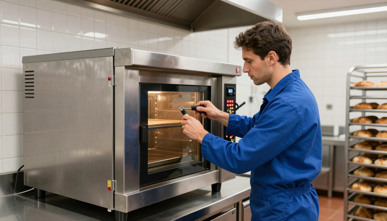 Un technicien inspecte un four industriel en acier inoxydable dans une cuisine commerciale